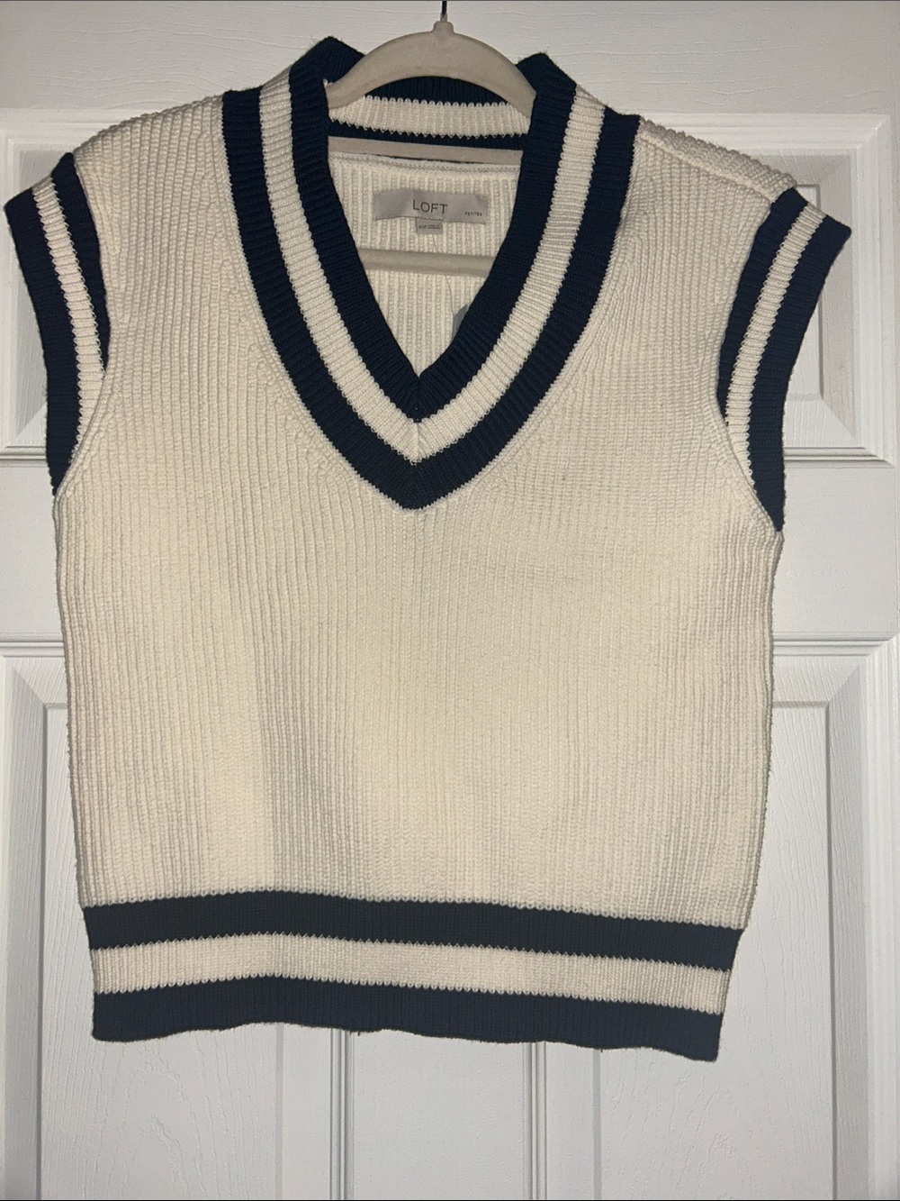 LOFT Cream V-Neck Sweater Vest with Navy Trim